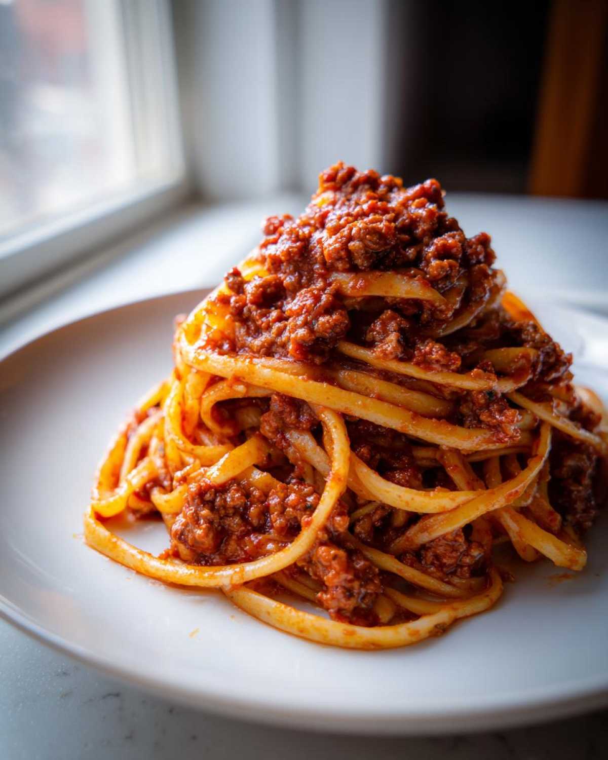 Close-up of linguine pasta generously topped with rich, meaty bolognese sauce on a white plate.