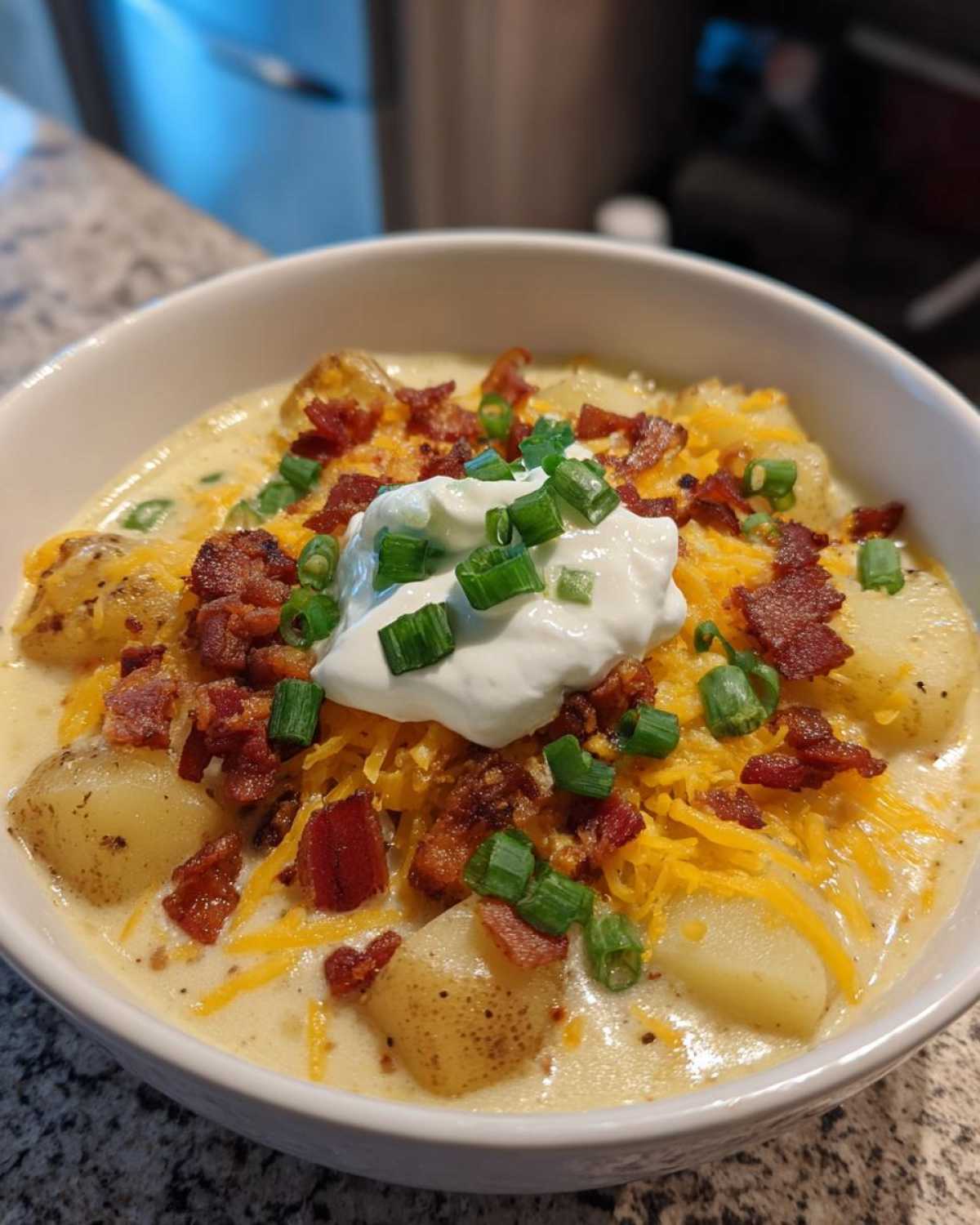 A close-up of a bowl of creamy loaded baked potato soup topped with cheese, bacon bits, sour cream, and chives.
