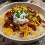 A creamy bowl of loaded baked potato soup topped with cheddar cheese, bacon, sour cream, and chives.