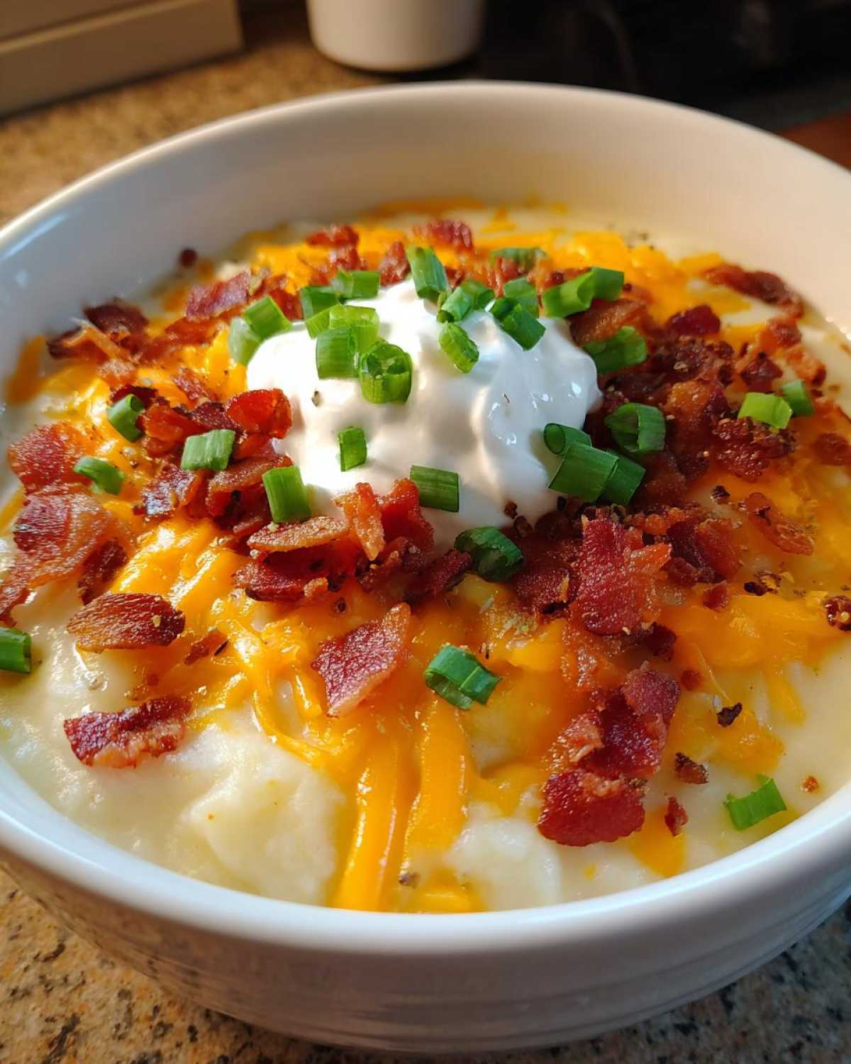 Close-up of a bowl of loaded baked potato soup topped with shredded cheddar, bacon bits, sour cream, and green onions.