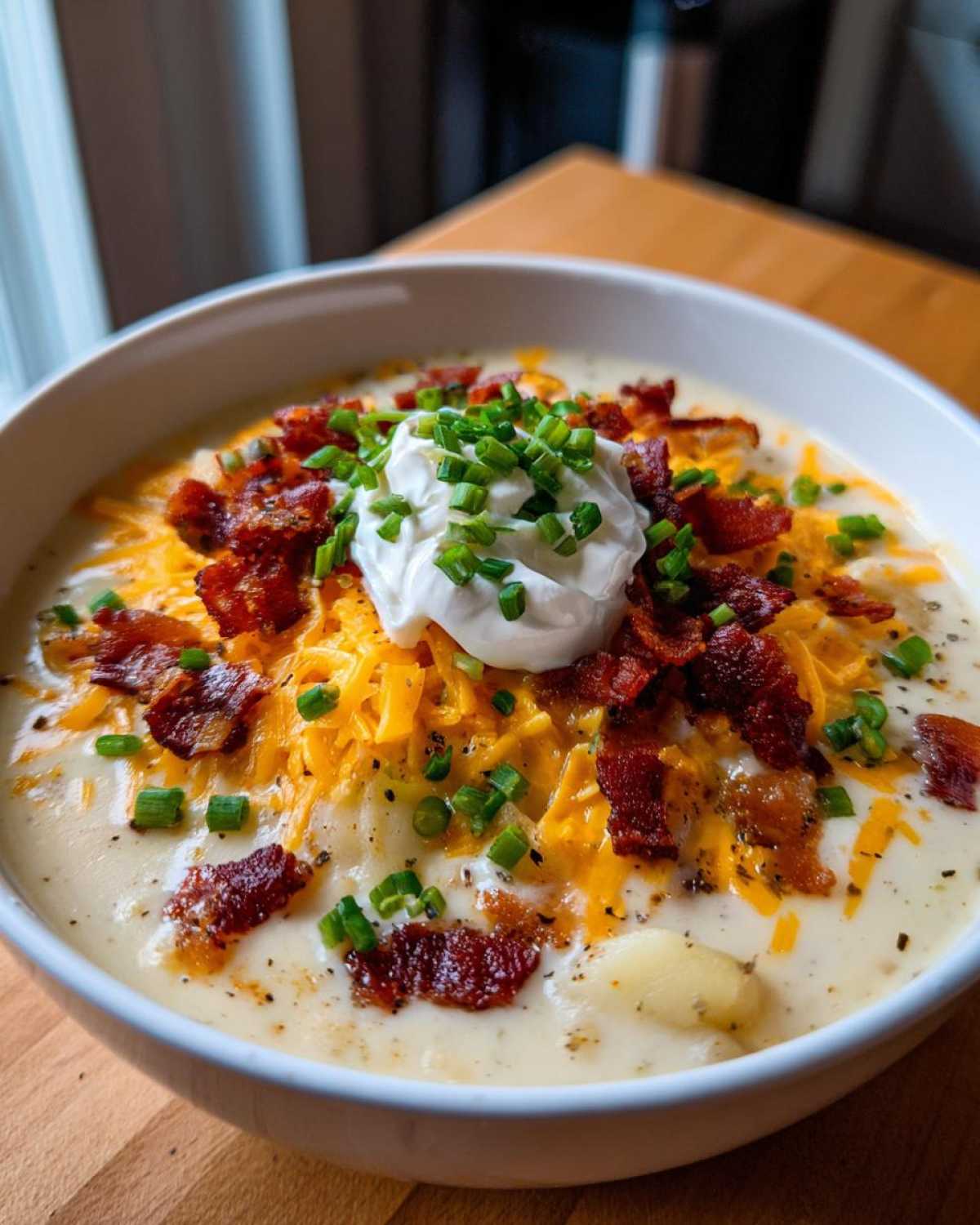 A creamy bowl of loaded baked potato soup topped with shredded cheddar, bacon bits, sour cream, and chives.