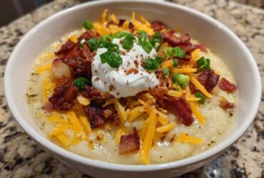A creamy bowl of loaded baked potato soup topped with cheddar cheese, bacon, sour cream, and chives.