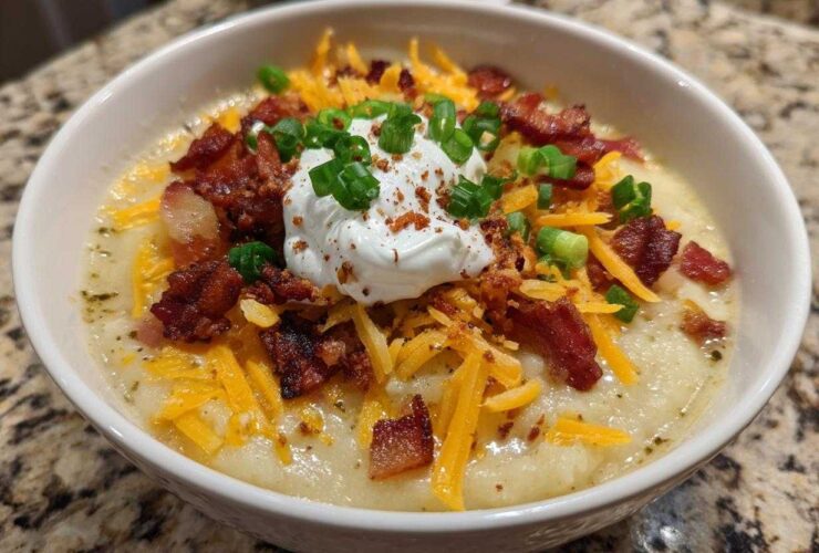 A creamy bowl of loaded baked potato soup topped with cheddar cheese, bacon, sour cream, and chives.