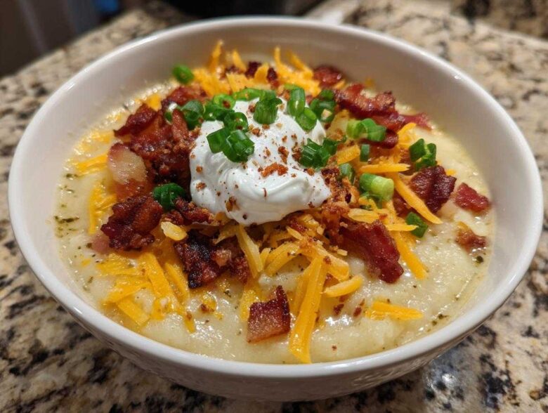A creamy bowl of loaded baked potato soup topped with cheddar cheese, bacon, sour cream, and chives.
