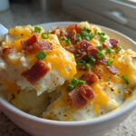 A spoonful of creamy, loaded baked potato soup topped with melted cheddar cheese, bacon bits, and chives.