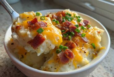 A spoonful of creamy, loaded baked potato soup topped with melted cheddar cheese, bacon bits, and chives.