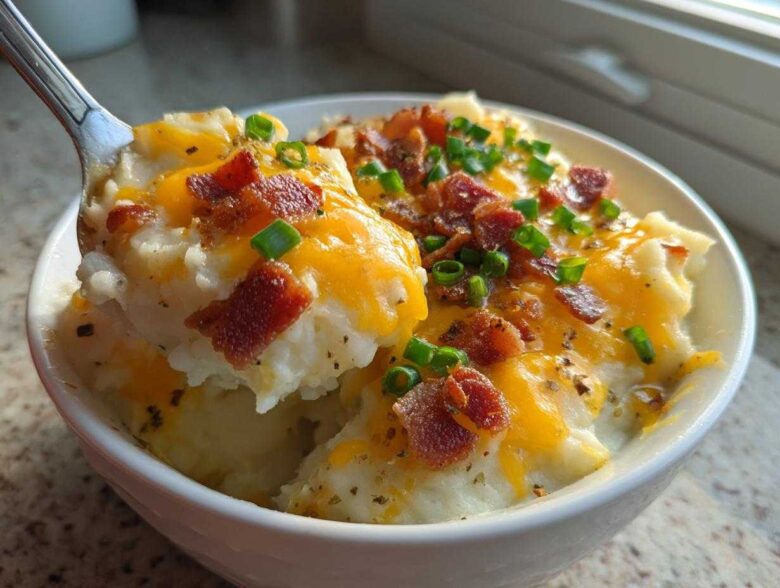 A spoonful of creamy, loaded baked potato soup topped with melted cheddar cheese, bacon bits, and chives.