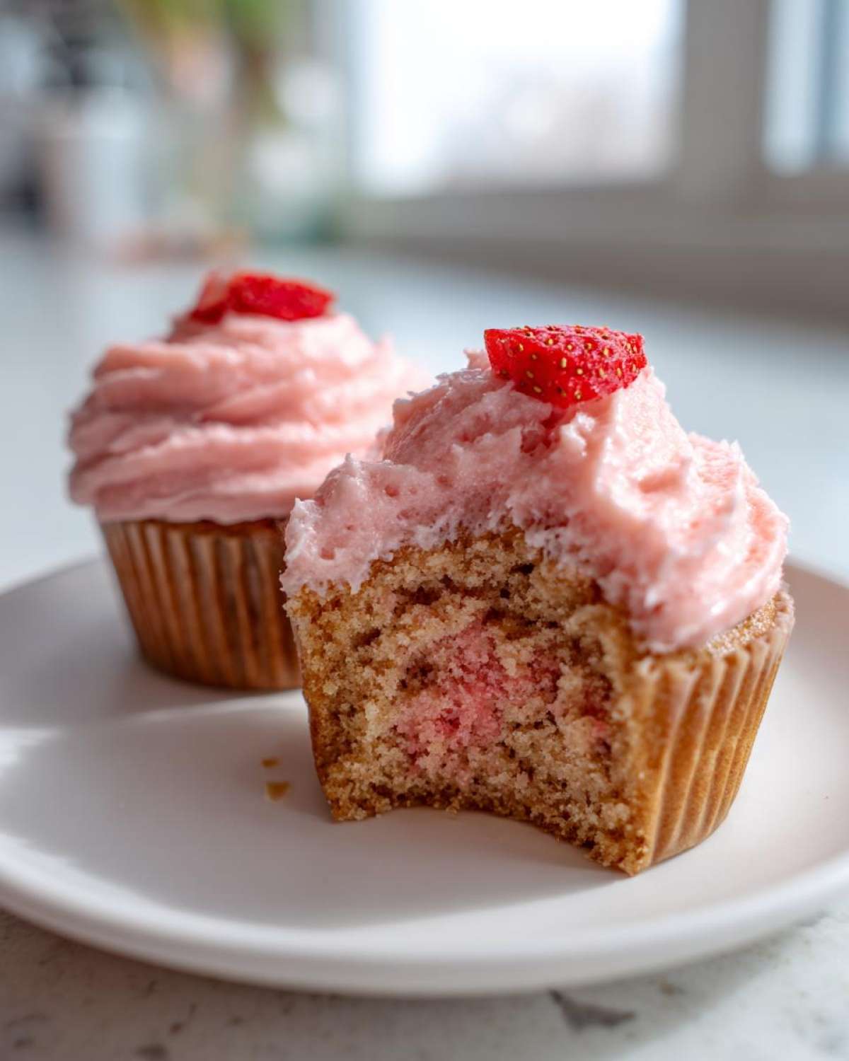Close-up of a low-calorie strawberry cupcake with a bite taken out, showing the moist interior and pink frosting topped with fresh strawberry.
