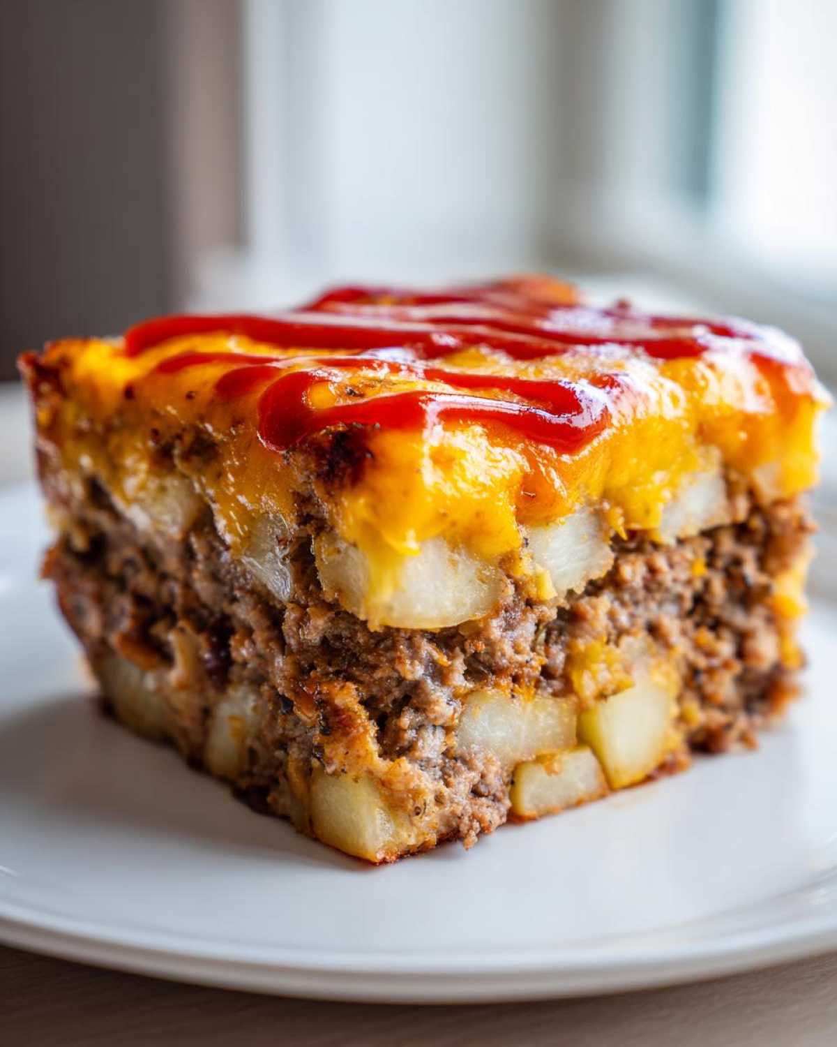 A square slice of savory meatloaf casserole layered with potatoes, topped with melted cheddar cheese and drizzled with ketchup.