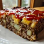 A thick slice of meatloaf casserole featuring ground meat, visible chunks of potato, melted cheese, and a ketchup topping.
