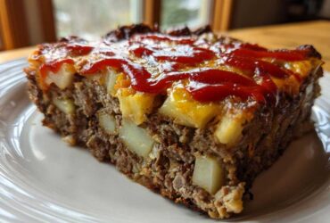 A thick slice of meatloaf casserole featuring ground meat, visible chunks of potato, melted cheese, and a ketchup topping.