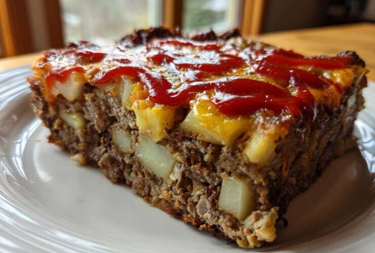 A thick slice of meatloaf casserole featuring ground meat, visible chunks of potato, melted cheese, and a ketchup topping.