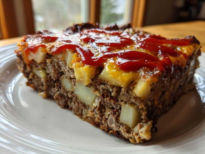 A thick slice of meatloaf casserole featuring ground meat, visible chunks of potato, melted cheese, and a ketchup topping.