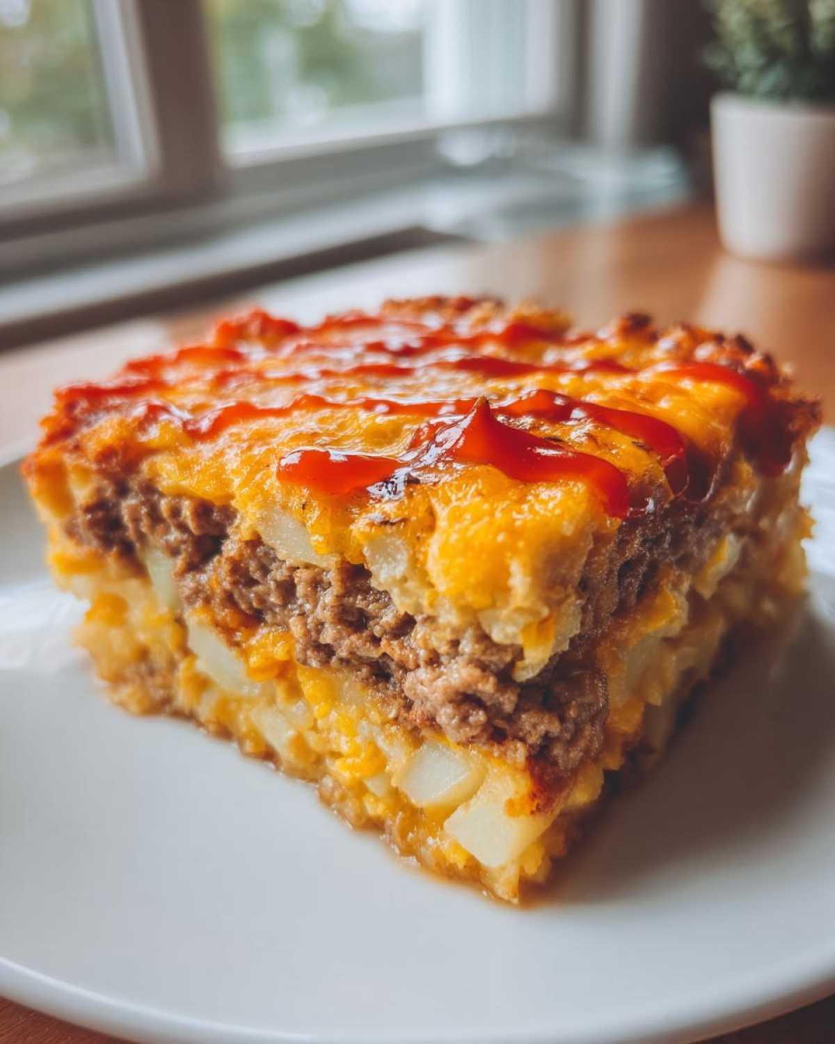 A thick slice of layered meatloaf casserole with potatoes, ground beef, and melted cheese, topped with ketchup.