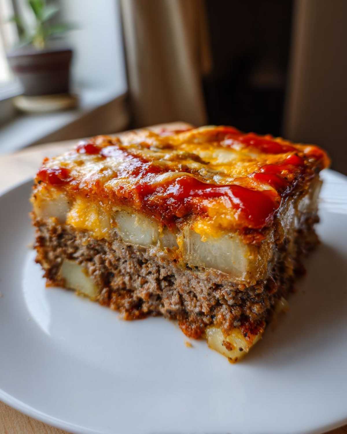 Close-up of a hearty slice of meatloaf casserole featuring a ground meat base and a potato layer topped with melted cheese and ketchup.