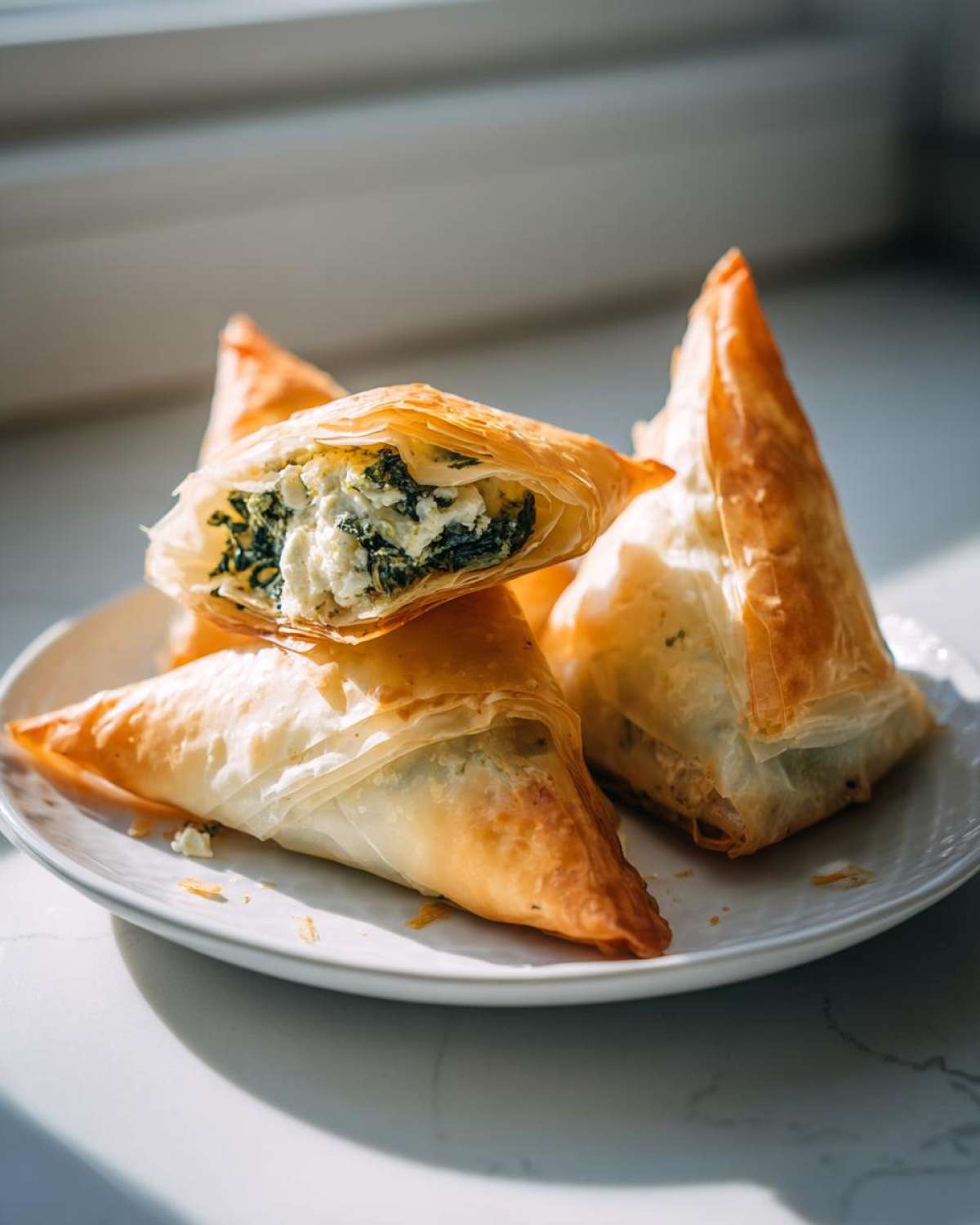 Close-up of flaky, golden Mediterranean Spinach and Feta Cheese Crisps stacked on a white plate, one cut open showing the filling.