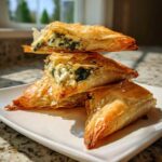 Stack of three golden brown Mediterranean Spinach and Feta Cheese Crisps showing flaky phyllo dough and creamy filling.