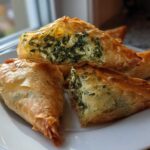 Close-up of flaky, golden brown Mediterranean Spinach and Feta Cheese Crisps stacked on a white plate.