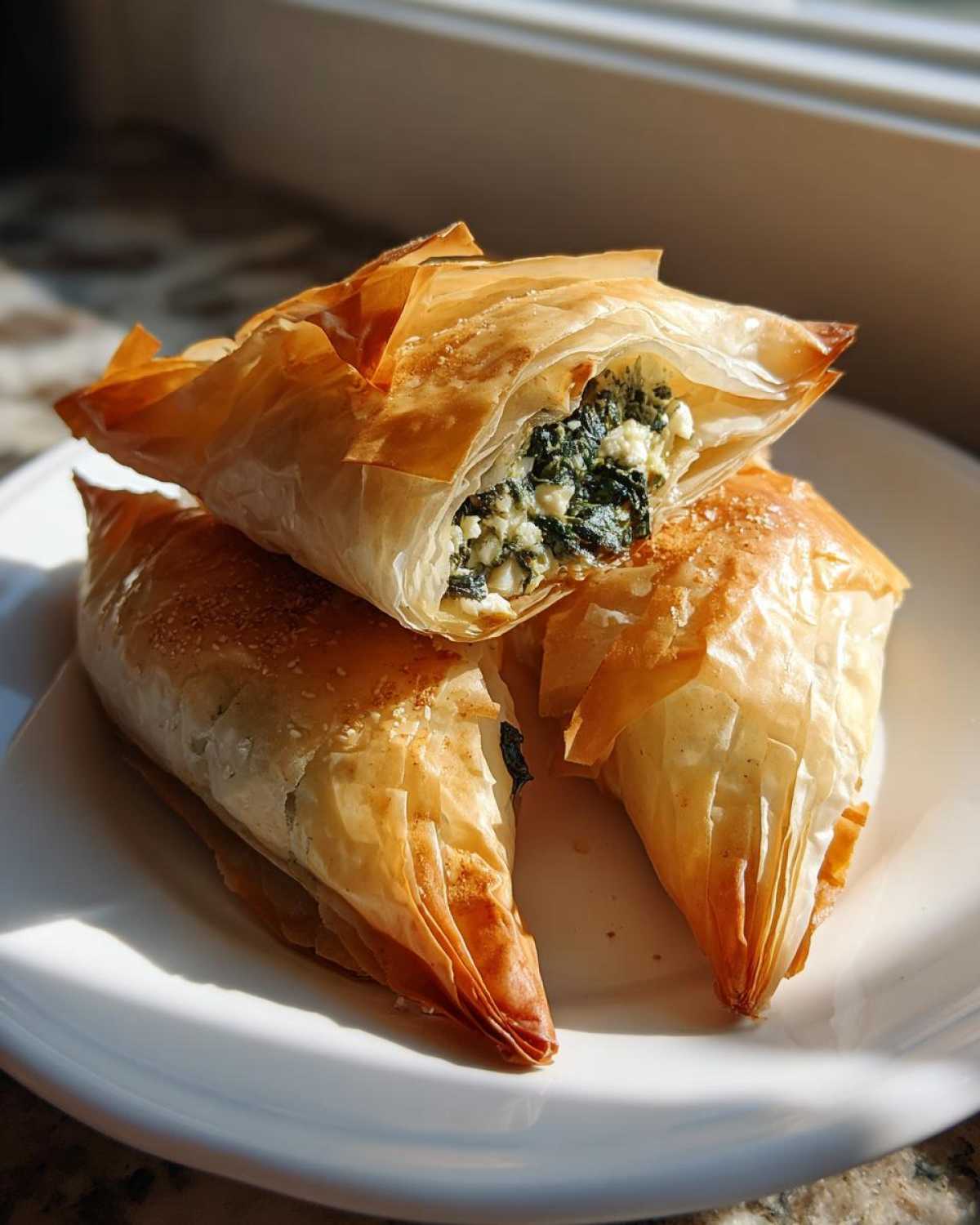 Three golden, crispy Mediterranean Spinach and Feta Cheese Crisps stacked on a white plate, one showing the spinach and feta filling.