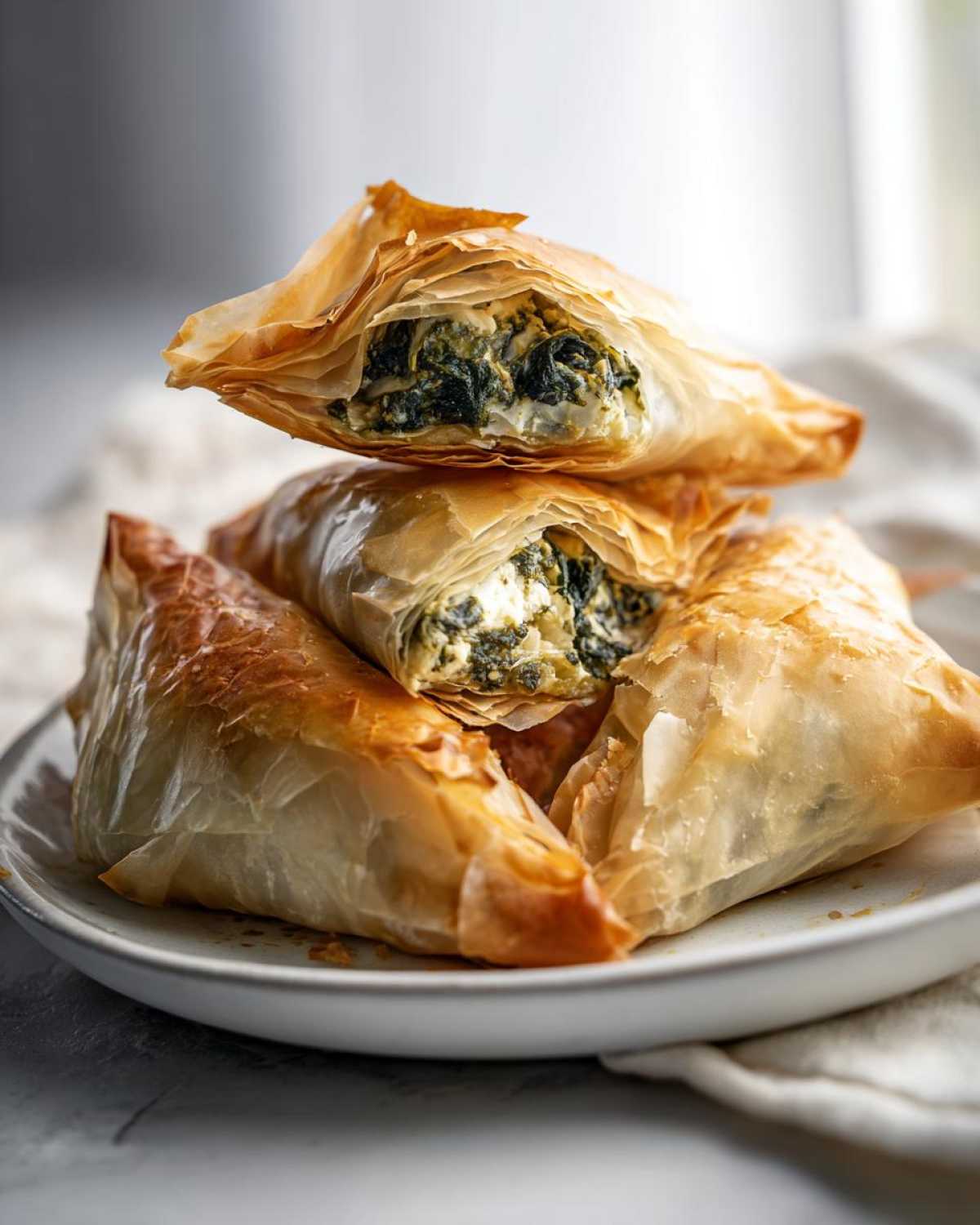 A stack of golden, flaky Mediterranean Spinach and Feta Cheese Crisps, one cut open showing the filling.