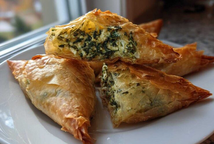 Close-up of flaky, golden brown Mediterranean Spinach and Feta Cheese Crisps stacked on a white plate.