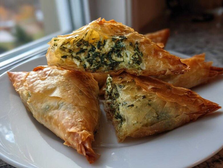 Close-up of flaky, golden brown Mediterranean Spinach and Feta Cheese Crisps stacked on a white plate.