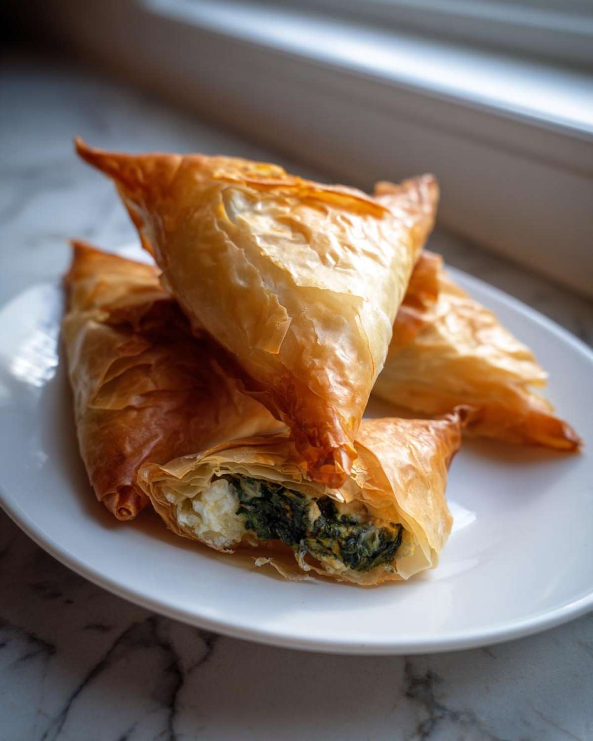 Close-up of flaky, golden Mediterranean Spinach and Feta Cheese Crisps triangles stacked on a white plate.