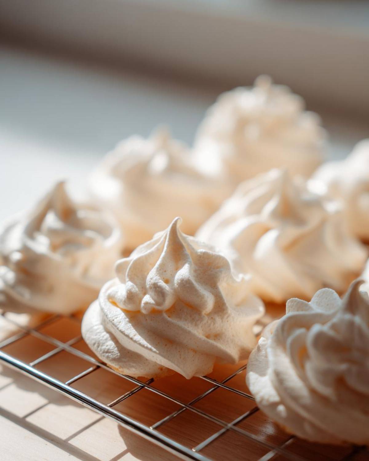 Close-up of freshly piped, white meringue cookies cooling on a wire rack near a window.