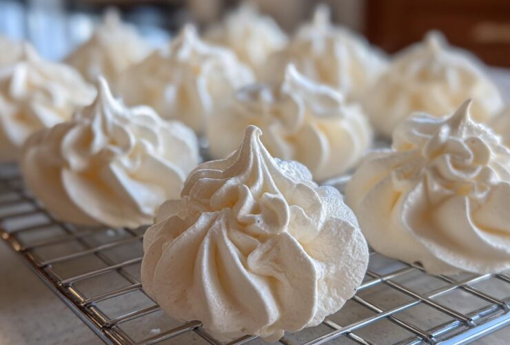 Close-up of perfectly piped white meringue cookies cooling on a wire rack.