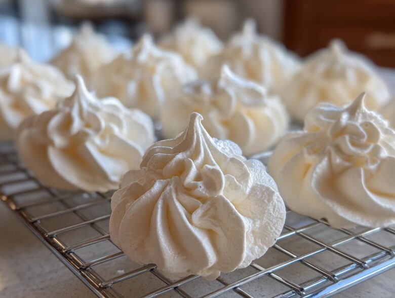 Close-up of perfectly piped white meringue cookies cooling on a wire rack.