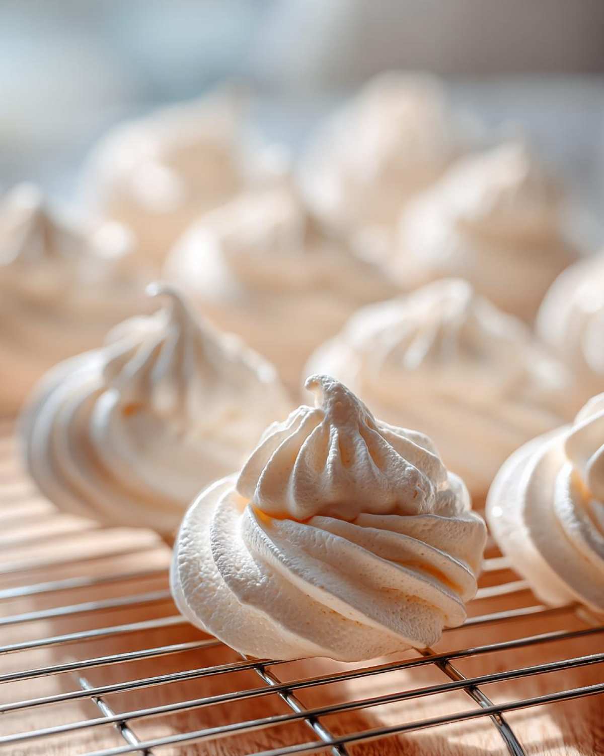 Close-up of crisp, white meringue cookies piped into swirls, cooling on a wire rack.