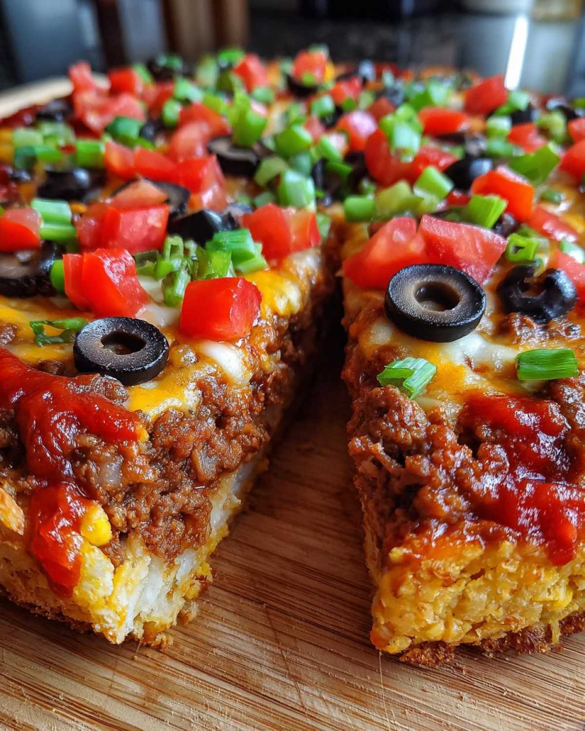 A thick slice of Mexican pizza showing a crispy base, seasoned meat, melted cheese, and fresh toppings like tomatoes, olives, and green onions.