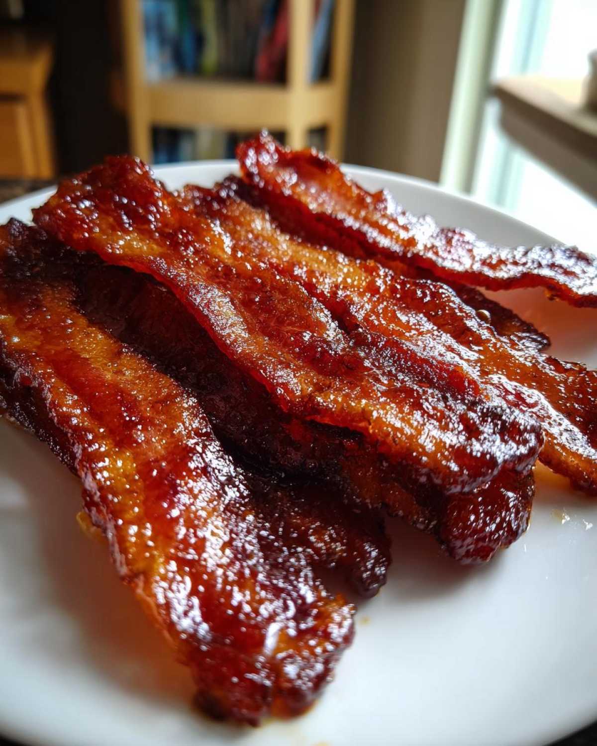 Close-up of several shiny, caramelized strips of Millionaire bacon stacked on a white plate.