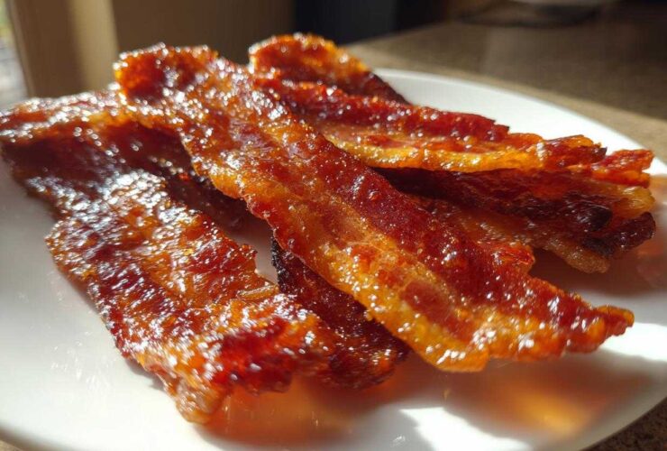 Close-up of several shiny, caramelized slices of Millionaire bacon stacked on a white plate.