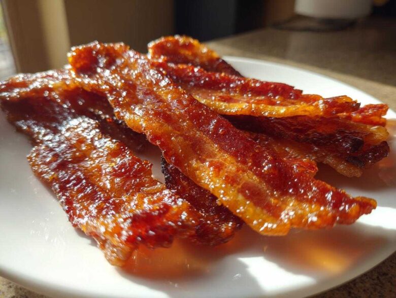 Close-up of several shiny, caramelized slices of Millionaire bacon stacked on a white plate.