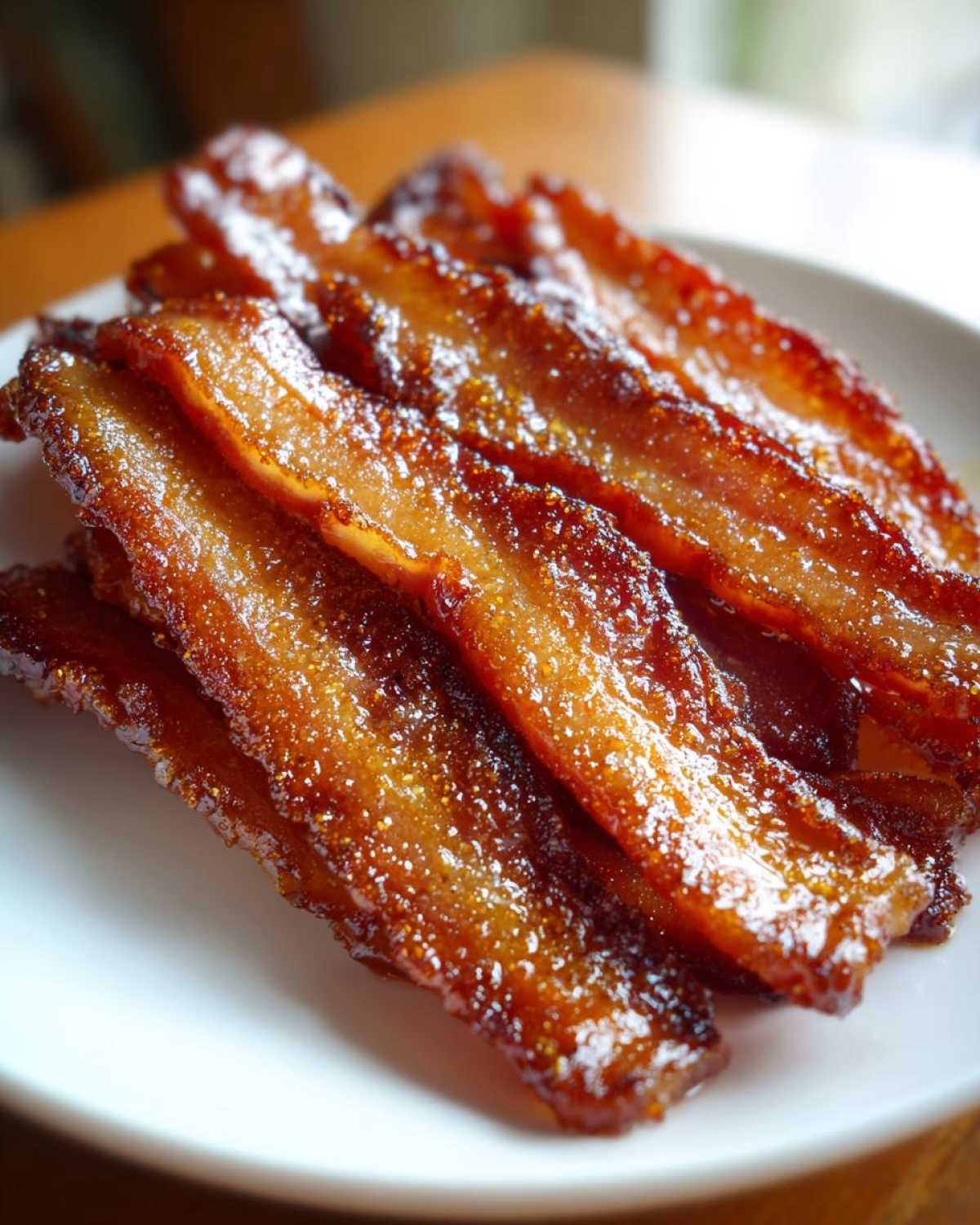 Close-up of perfectly cooked, candied Millionaire bacon strips stacked on a white plate.