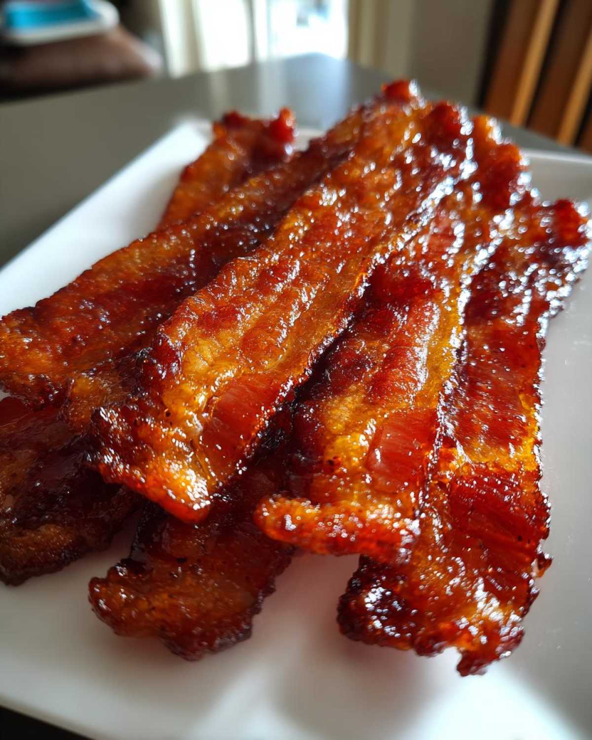 Close-up of several glossy, caramelized strips of Millionaire bacon piled on a white plate.