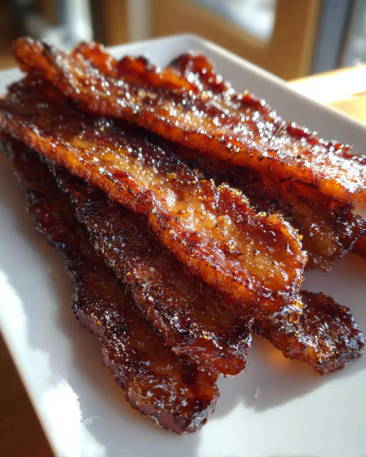 Close-up of several glossy, caramelized strips of Millionaire bacon stacked on a white plate.