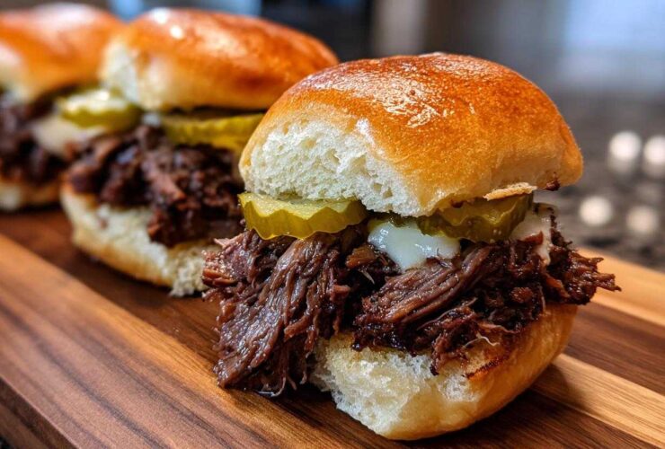 Close-up of juicy Mississippi pot roast sliders topped with melted cheese and pickles on a wooden cutting board.