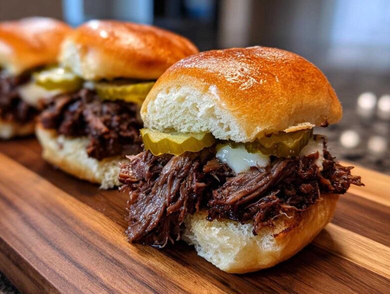 Close-up of juicy Mississippi pot roast sliders topped with melted cheese and pickles on a wooden cutting board.