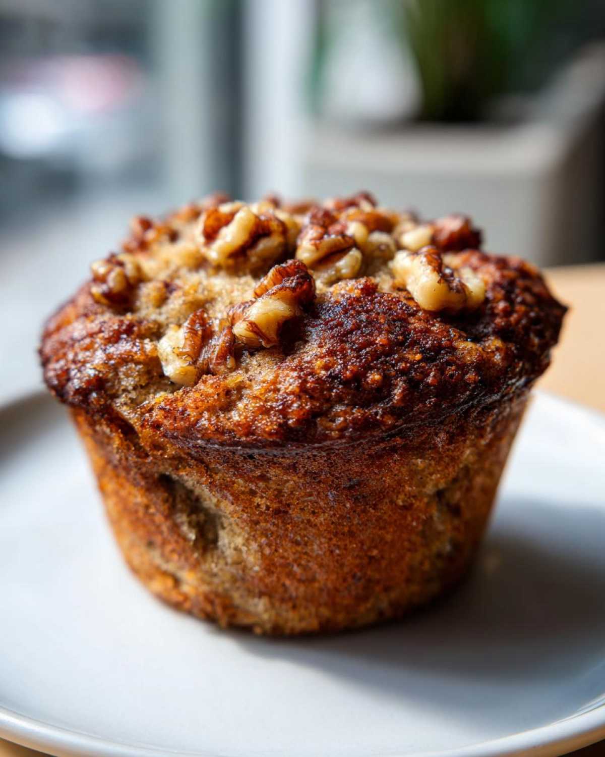 A close-up of a single, perfectly baked banana nut muffin with a caramelized top sprinkled with walnuts.