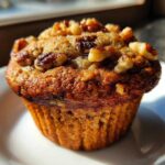 Close-up of a single, moist banana nut muffin topped generously with chopped walnuts, sitting on a white plate.