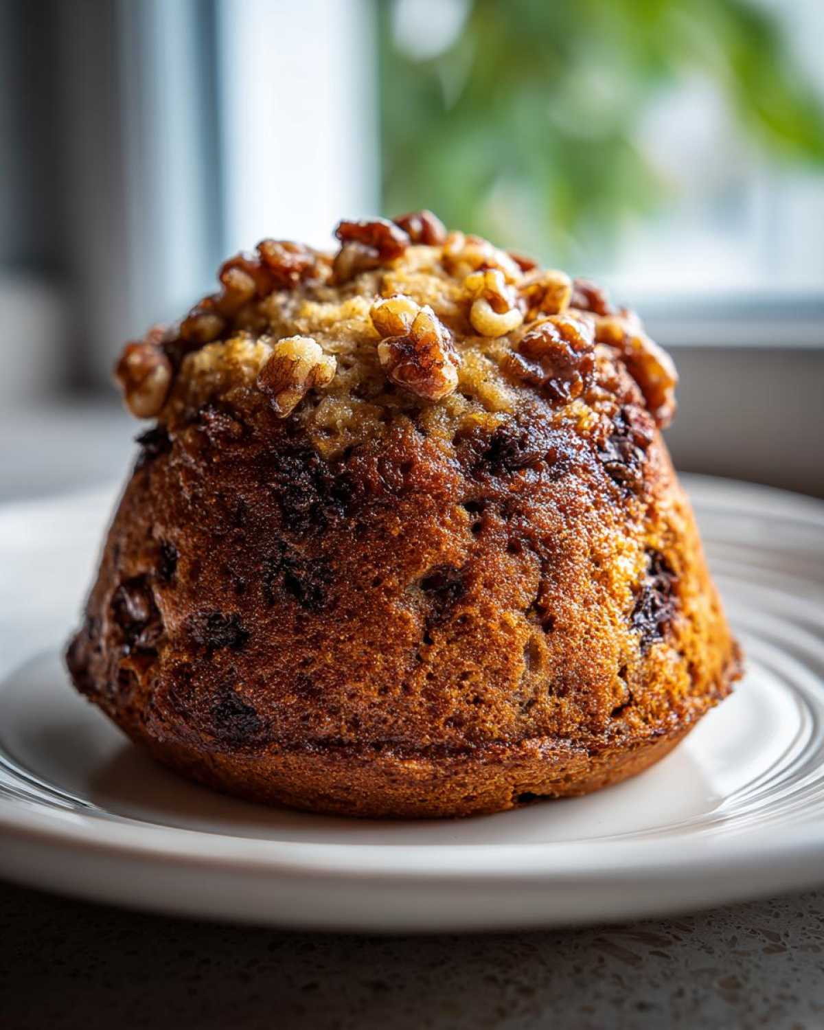 A close-up of a single, perfectly baked banana nut muffin with a rich brown crust and walnuts piled on top.