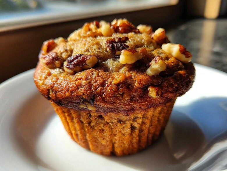 Close-up of a single, moist banana nut muffin topped generously with chopped walnuts, sitting on a white plate.