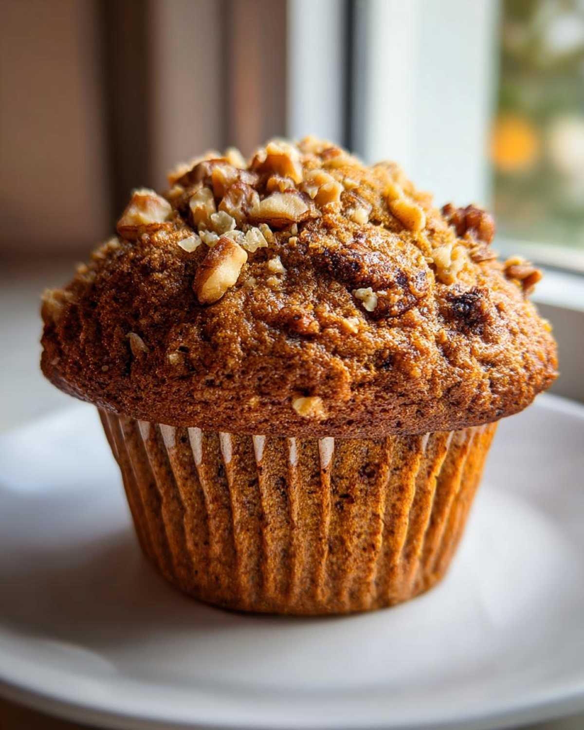 A close-up of a single, perfectly baked banana nut muffins topped generously with chopped walnuts.