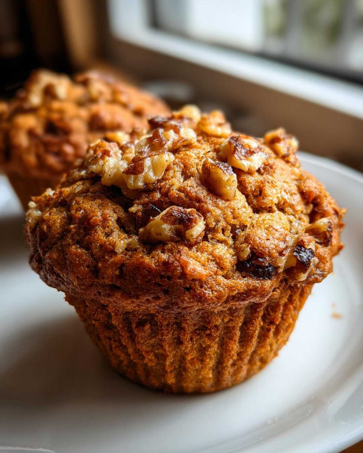 Close-up of a perfectly baked, moist banana nut muffin topped generously with chopped walnuts.