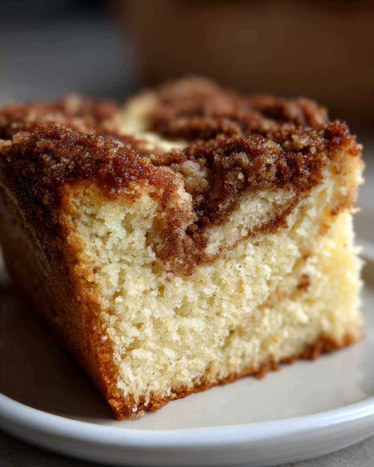 Close-up of a moist, light-colored slice of coffee cake featuring a thick, sugary cinnamon streusel topping.