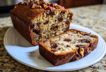 A moist loaf of date nut bread, partially sliced, topped with pecans, sitting on a white plate.