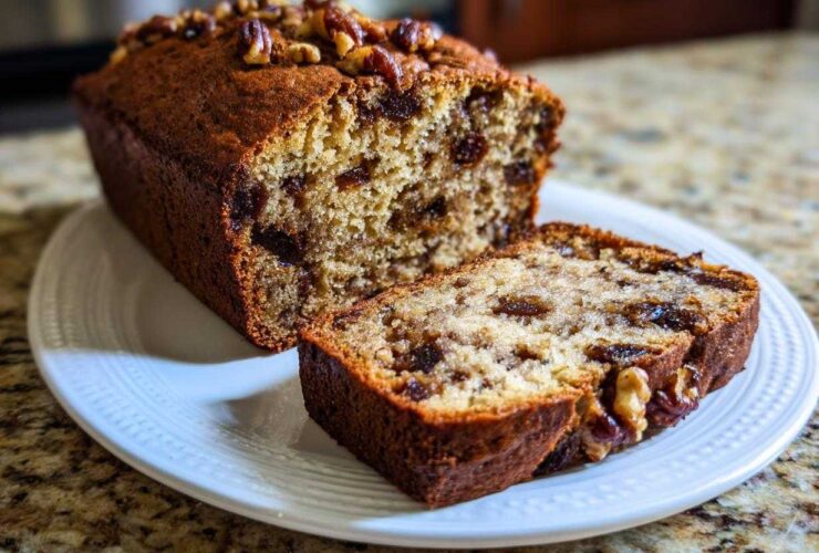 A moist loaf of date nut bread, partially sliced, topped with pecans, sitting on a white plate.