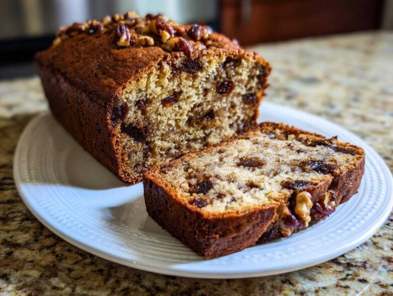 A moist loaf of date nut bread, partially sliced, topped with pecans, sitting on a white plate.